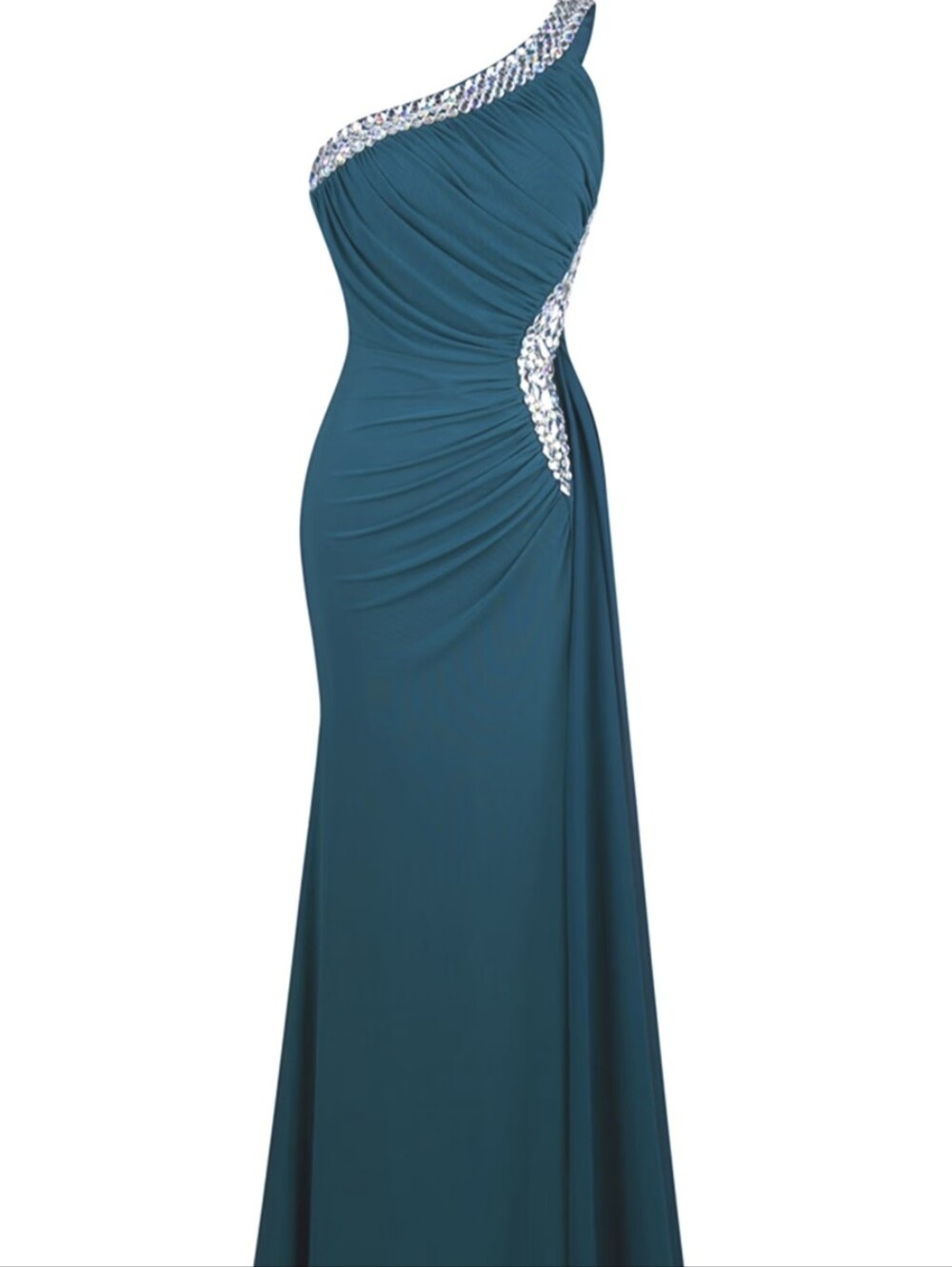 Angel Fashions Teal One-Shoulder Evening Gown with Crystal Trim